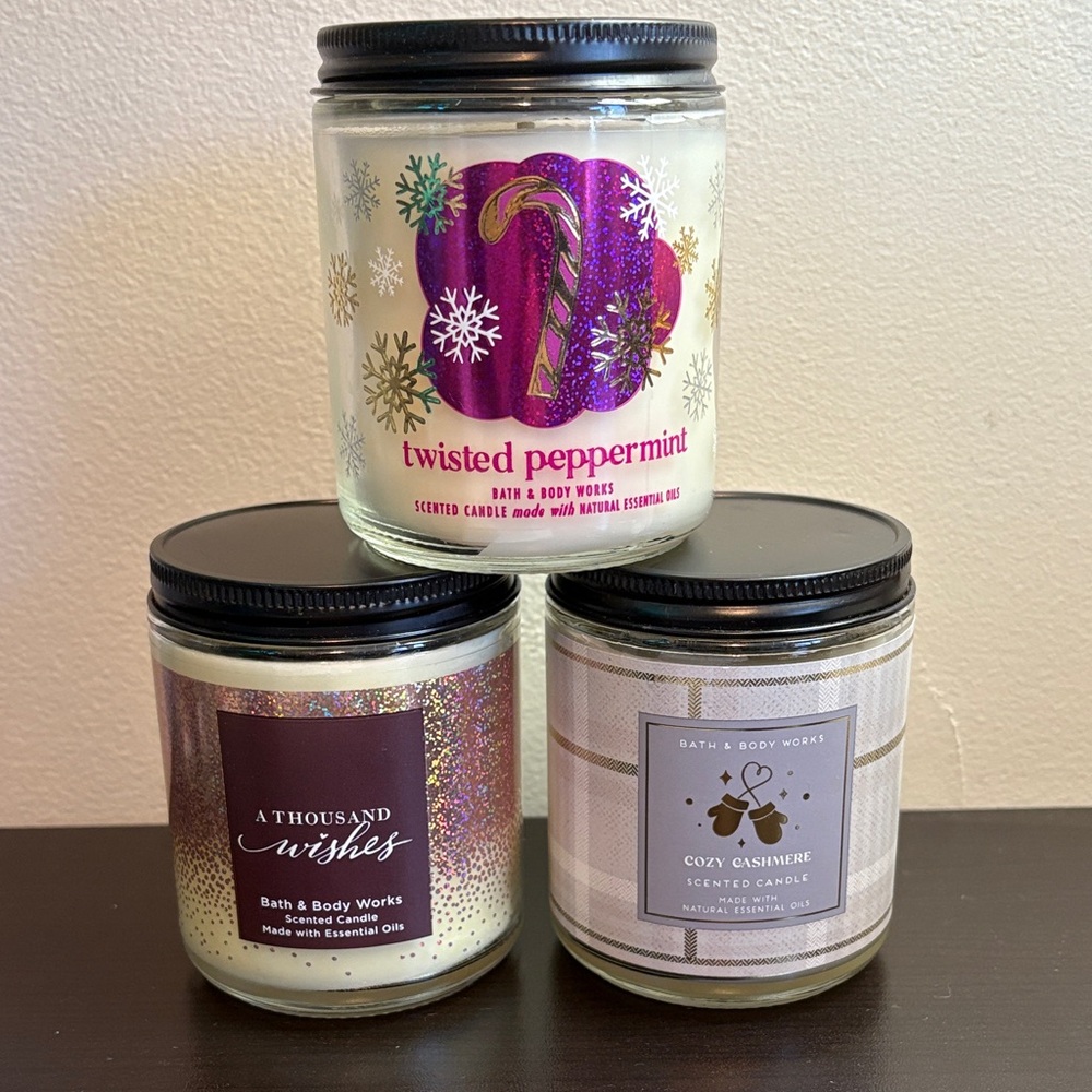 Bath & Body Works Twisted Peppermint, A Thousand Wishes, Cozy Cashmere Candles